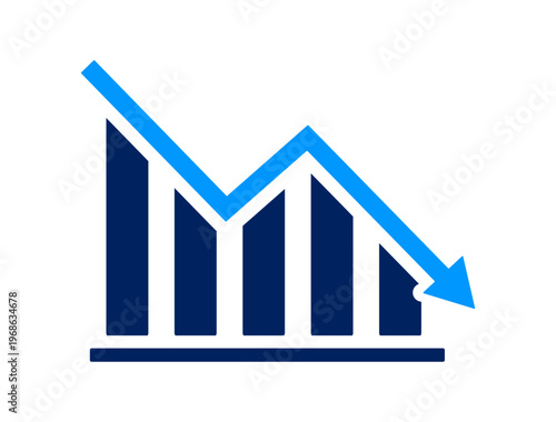 Downward graph bar chart arrow vector icon negative trend stock market business loss concept, financial loss, market crash, economic downfall. Business analytics, statistics, report graph symbol.