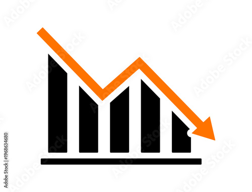 Downward graph bar chart arrow vector icon negative trend stock market business loss concept, financial loss, market crash, economic downfall. Business analytics, statistics, report graph symbol.