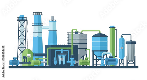 An illustration depicts a complex industrial facility with towers pipes and tanks rendered as a flat silhouette high quality professional detailed