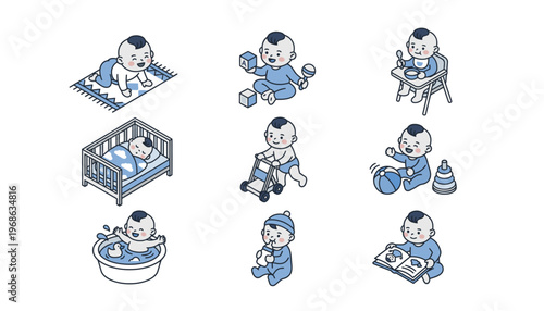 Baby daily routine illustration set.