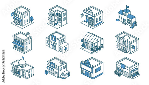 Collection of various isometric house and building designs.