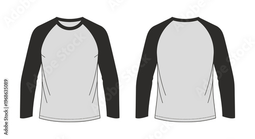 A graphic of a baseball style shirt displayed from both front and back views presented as a silhouette high quality professional detailed