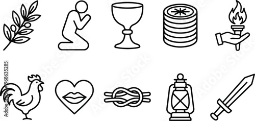 Christian Bible Stories and Easter Passion Line Icon Set.