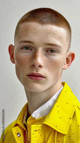 Minimalistische Portraits eines jungen Mannes mit kurzem Haar und neutralem Ausdruck. Klare Beleuchtung, Fokus auf Gesicht, Hautstruktur und reduzierte, moderne Ästhetik.