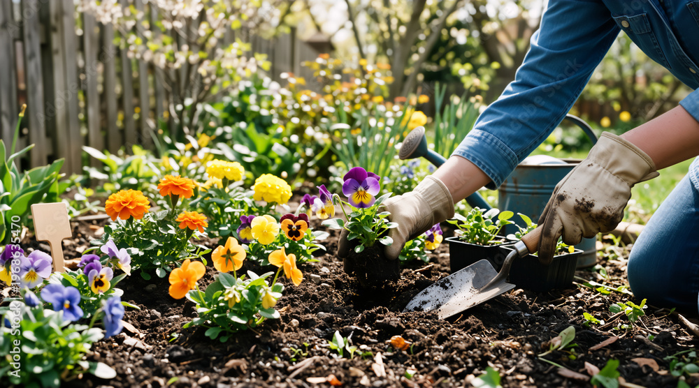 Fototapeta premium Gardener planting purple pansies in a flower bed. Person in denim shirt and gloves using a trowel in a backyard. Spring planting activity