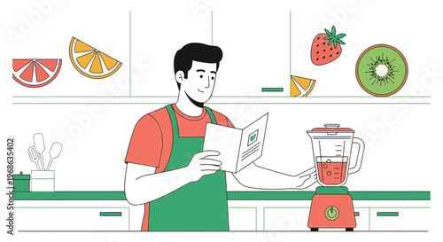 Man Making Smoothie Following Recipe Instructions in Kitchen with Fruits