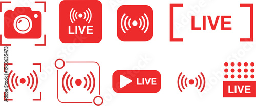Live Streaming Icon Set with Camera Broadcast Signal and Recording Frame Symbols for Video Streaming, Social Media, Online Events, and Content Creation Design