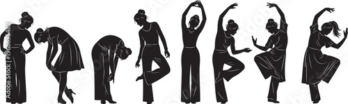 Dance silhouette sequence with expressive poses, graceful body movement artwork, stretching exercise illustration, black figure choreography design, fitness clipart collection