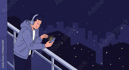 Man on balcony listening to music on phone at night with city skyline