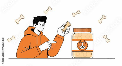 Man Offers Dog Food Supplement from Jar with Puppy Face Label
