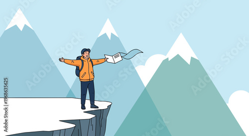 Man on mountain peak celebrating achievement with open arms, holding a certificate