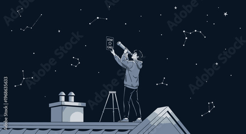 Man on rooftop observing constellations with telescope and star chart at night