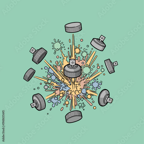 Bottles and caps flying in air.