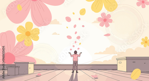 Man on Rooftop Releasing Petals Amongst Giant Flowers, Spring Awakening