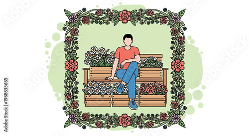 Man on Garden Bench Surrounded by Floral Frame, Vector Illustration
