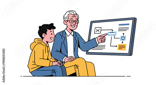 Senior Mentor Teaching Young Student with Flowchart Diagram