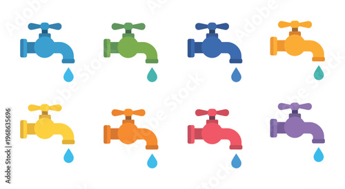 Water taps with dripping drops, flat colorful vector illustration, plumbing and faucet design elements