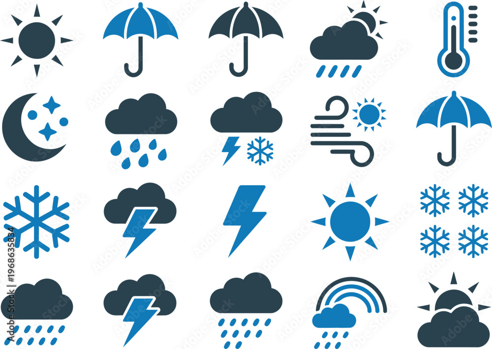 Obraz premium Weather forecast icons set, vector collection of various symbols representing different weather conditions and temperatures for app design and meteorology graphics.