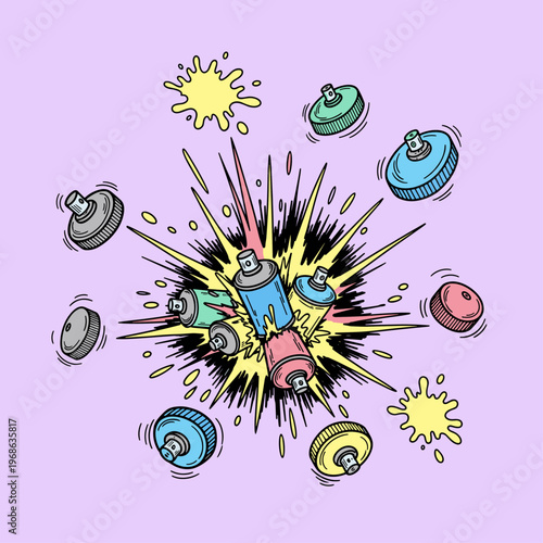 Spray paint cans in colorful explosion.