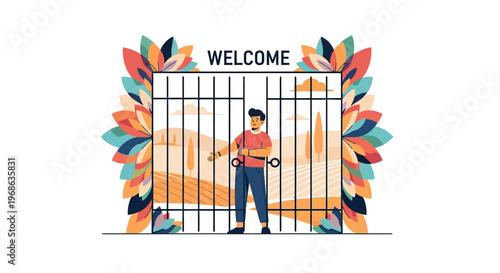 Man Opening Gate to New Opportunity, Welcome Concept