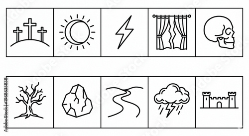 Set of 10 minimalist biblical line icons depicting the crucifixion, nature elements, and religious symbols.