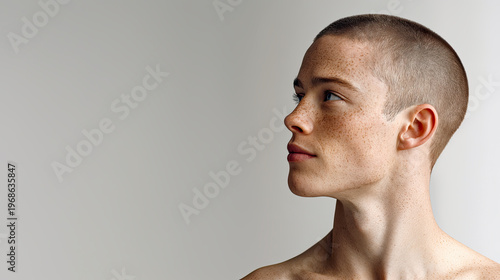 Minimalistische Portraits eines jungen Mannes mit kurzem Haar und neutralem Ausdruck. Klare Beleuchtung, Fokus auf Gesicht, Hautstruktur und reduzierte, moderne Ästhetik.