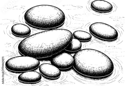 Hand Drawn of Smooth Stones Floating Rippling Water Surface pebbles ripples