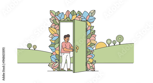 Man Opens Door to Nature, Surrounded by Leaves and Hills