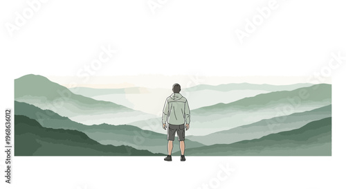 Man Overlooking Misty Mountain Range - Adventure and Serenity
