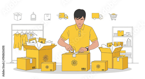 Man Packing Boxes for Shipping and Delivery Service