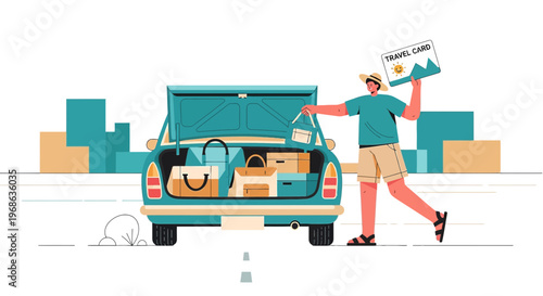 Man Packing Car for Vacation, Travel Adventure, Summer Holiday Trip