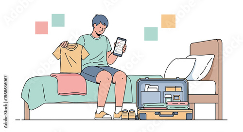 Man Packing Suitcase for Travel, Choosing Clothes with Mobile Phone