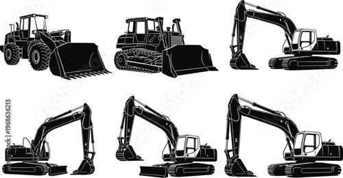 Construction machinery illustration set, heavy equipment artwork design, industrial vector motif, bold graphic icon, black white excavation symbol