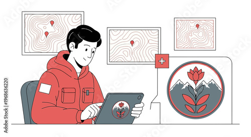 Man Planning Expedition with Maps and Tablet