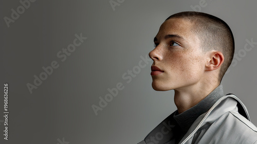 Minimalistische Portraits eines jungen Mannes mit kurzem Haar und neutralem Ausdruck. Klare Beleuchtung, Fokus auf Gesicht, Hautstruktur und reduzierte, moderne Ästhetik.