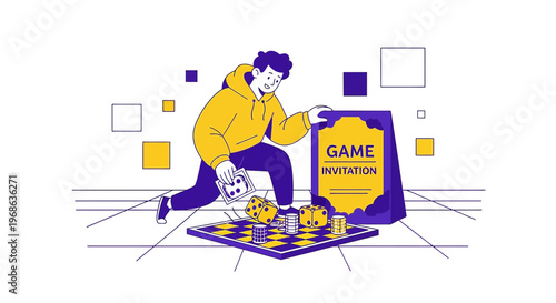 Man Planning Game Night with Invitation and Dice, Board Game Fun