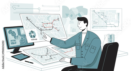 Man Planning Route on City Map Displaying Data Analysis