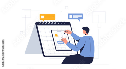 Man planning schedule on calendar, business planning, time management concept illustration