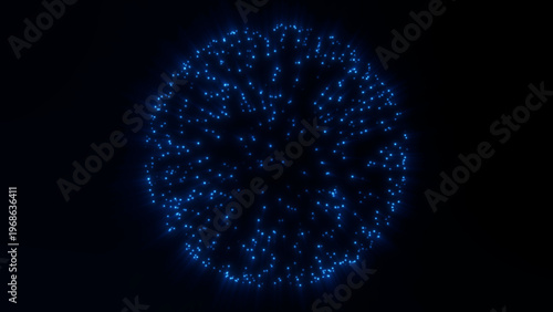 Abstract blue glowing particle sphere with dynamic light dots and radial energy burst effect, futuristic sci fi data orb with digital network motion on dark background seamless loop 4K