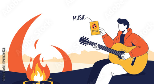 Man Playing Guitar by Campfire, Holding Music Card, Outdoor Leisure