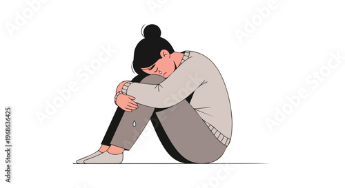 Sad young woman sitting alone hugging knees in depression