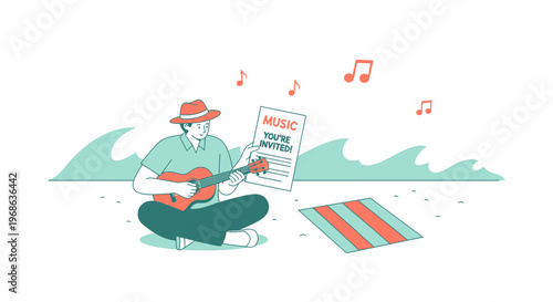 Man playing ukulele on beach, reading invitation, music notes above