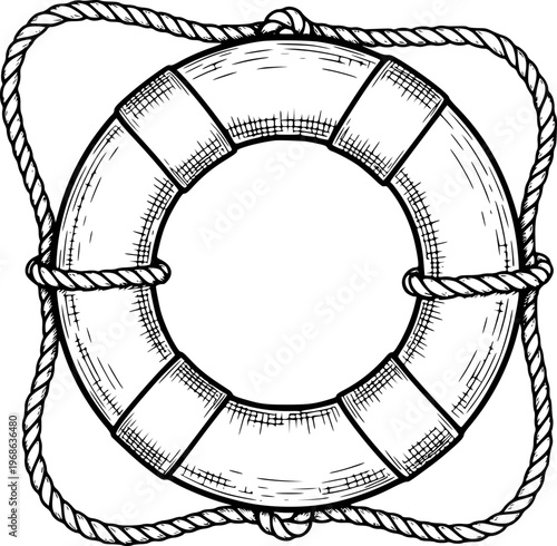 Vintage Hand Drawn Lifebuoy Ring with Nautical Rope White Background