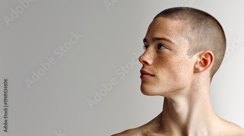 Minimalistische Portraits eines jungen Mannes mit kurzem Haar und neutralem Ausdruck. Klare Beleuchtung, Fokus auf Gesicht, Hautstruktur und reduzierte, moderne Ästhetik.