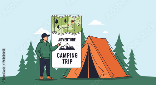 Man points to map near camping tent in forest, outdoor adventure concept