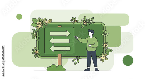 Man Points to Green Signpost with Arrows, Nature Inspired Design