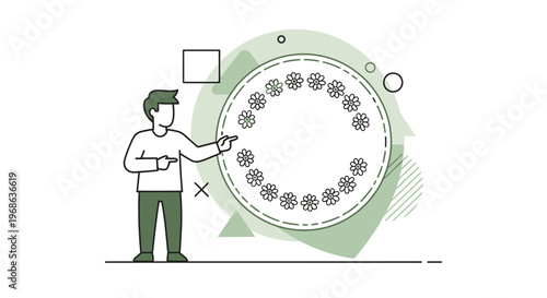 Man Points to Circular Floral Design, Abstract Shapes, Minimalist Illustration