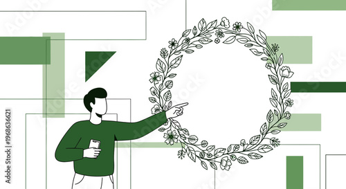 Man Points to Floral Wreath Circle with Abstract Geometric Background