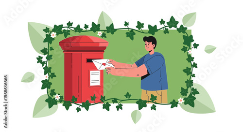 Man Posting Letter in Red Post Box Surrounded by Green Ivy Leaves