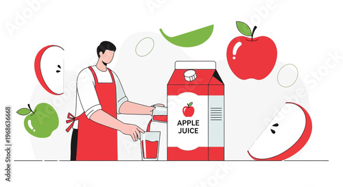 Man Pouring Apple Juice from Carton, Fresh Apples and Slices, Healthy Drink